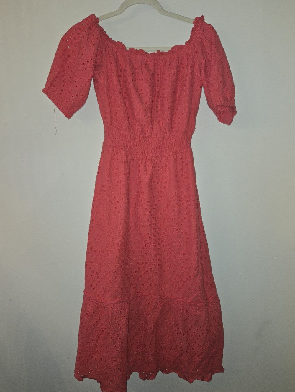 Betsey Johnson Coral Pink [Medium] Cotton Eyelet Off Shoulder Tier Midi Dress